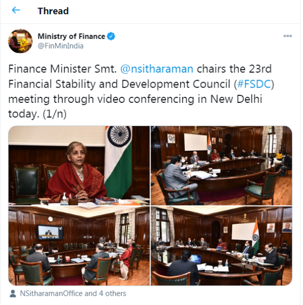 FM Smt. Nirmala Sitharaman chairs the 23rd Financial Stability and Development Council (FSDC) meeting through Video Conferencing in New Delhi