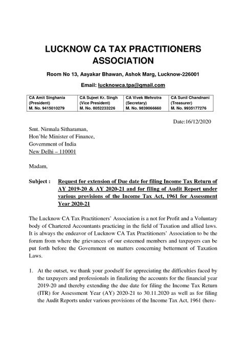 Request for extension in due date for filing IT Returns and Audit Reports - Lucknow CA Tax Practitioners Association