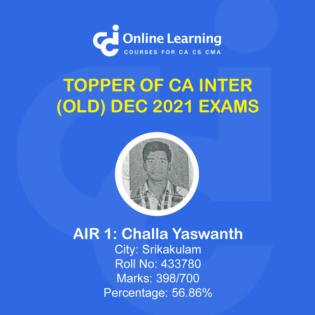 Topper of CA Intermediate (Old Scheme) Examination held in Dec 2021 Exams