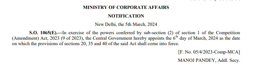 MCA sets 6th March 2024 as Enforcement Date for Competition Act Amendments