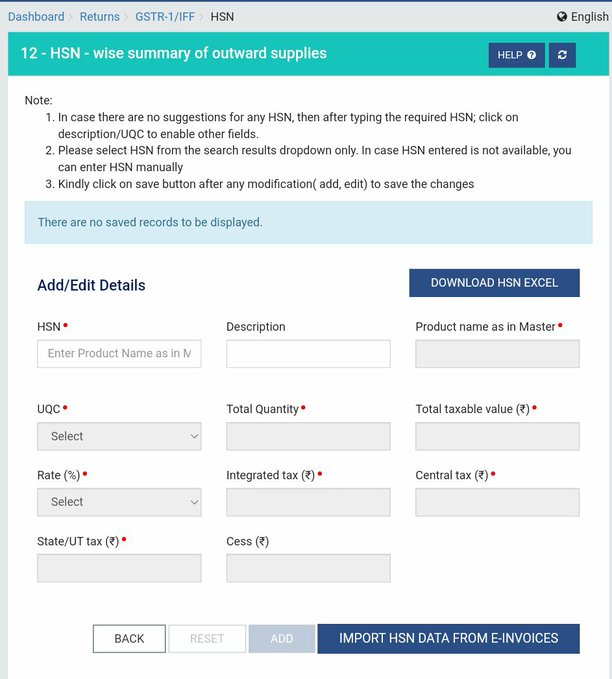 GSTN Adds New Feature to Table 12 for Detailed Outward Supplies Summary by HSN Codes