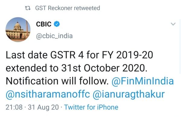 GSTR-4 due date extended to 31/10/2020